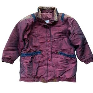 Vtg Be in the Current Seen Patchwork Snap Puffer Coat Jacket Burgundy Size Large